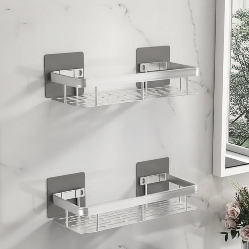 Organisateur de douche d'angle adhésif à montage mural – Étagère de rangement étanche sans perçage pour salle de bain, toilettes et lavabo – ABS et acier en noir ou argent