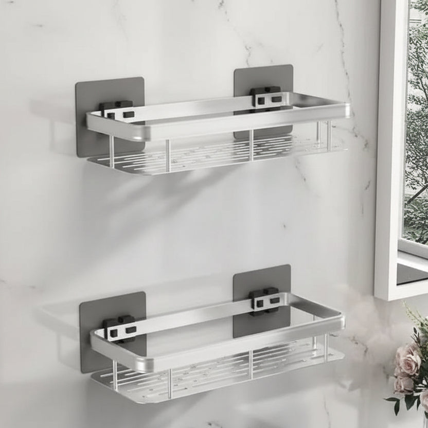 Organisateur de douche d'angle adhésif à montage mural – Étagère de rangement étanche sans perçage pour salle de bain, toilettes et lavabo – ABS et acier en noir ou argent