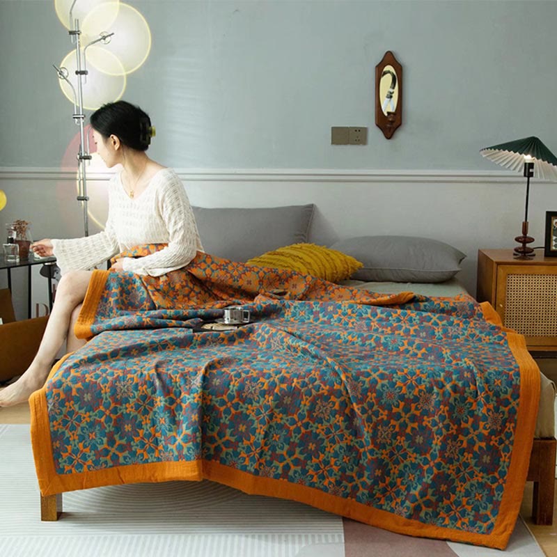 Six-Layer Cotton Quilt Reversible Lightweight Blanket Orange Blue Geometric Pattern for Year-Round Comfort Bedroom Guest Room