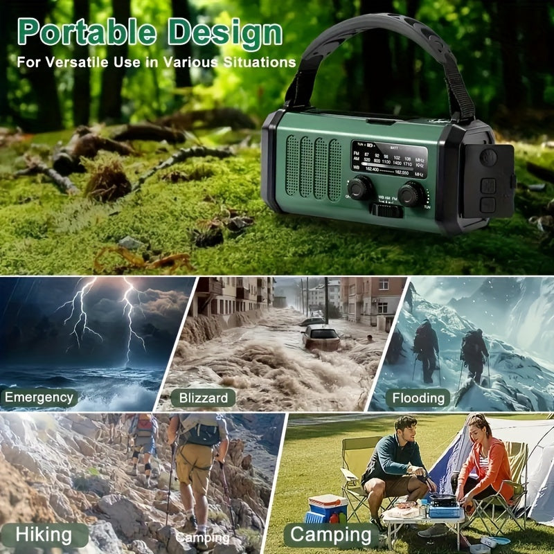 Radio météo d'urgence avec panneau solaire, manivelle, lampe de poche, batterie externe 10 000 mAh, AM FM NOAA, SOS, boussole, rechargeable USB-C pour camping et survie