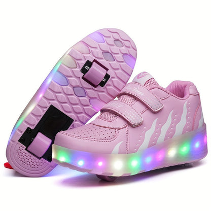 Kids Light-Up Wheeled Shoes with Removable Rollers LED Sneakers Hook-and-Loop Strap Pink Faux Leather for Boys Girls Active Play