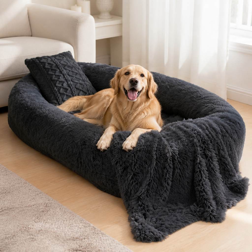 Lit pour humain façon canapé pour chien Ortekor, orthopédique et en fausse fourrure lavable (housse amovible)