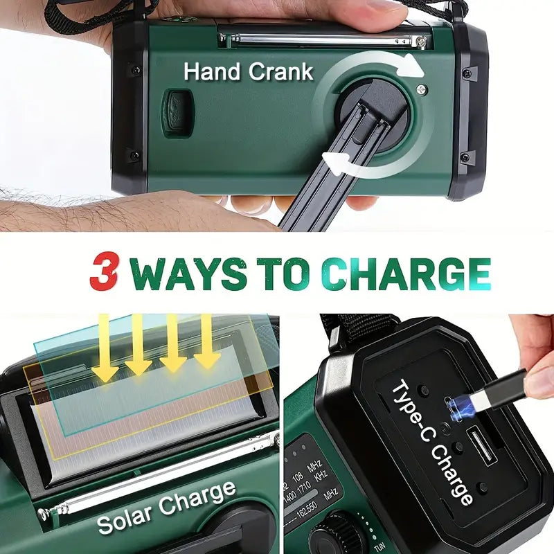 Emergency Hand Crank Weather Radio with 10000mAh Power Bank, Solar Charging, LED Flashlight, SOS Alarm for Camping Hiking Storms Blackouts
