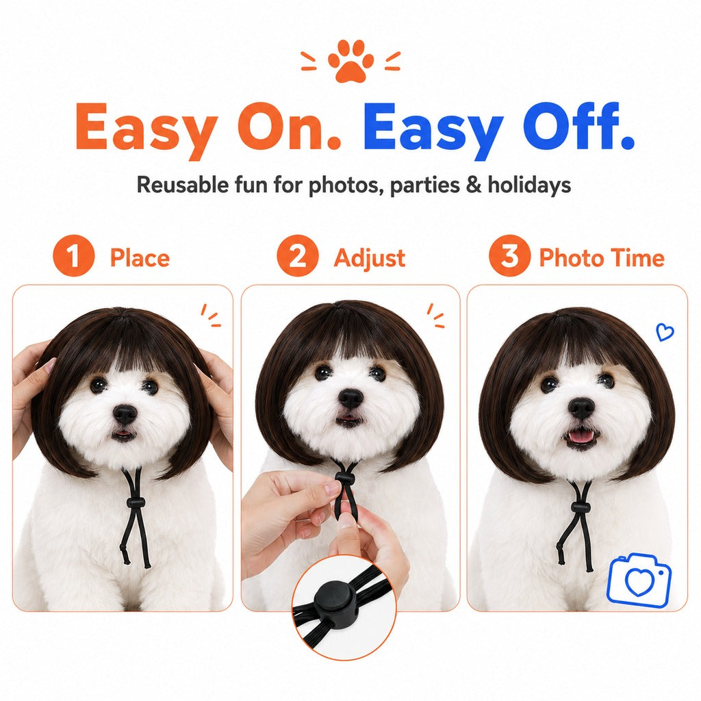 Ortekor Funny Short Bob Pet Wig for Photos & Parties - Easy Costume Prop for Cats & Small Dogs