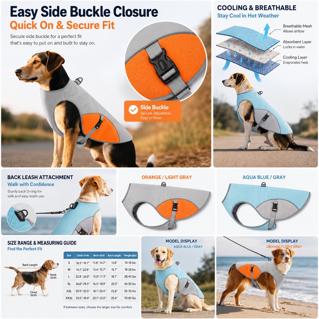 Ortekor Dog Cooling Vest for Summer Walks - Wet-to-Cool Lightweight Jacket with Leash Ring for Hot Weather Outdoor Comfort