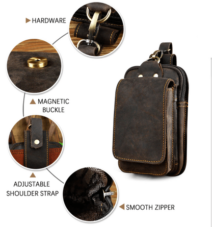 Full-Grain Cowhide Belt Pouch for Men | Zippered Compartment & Magnetic Closure | Adjustable Elastic Strap | Hands-Free Carry for Travel, Co