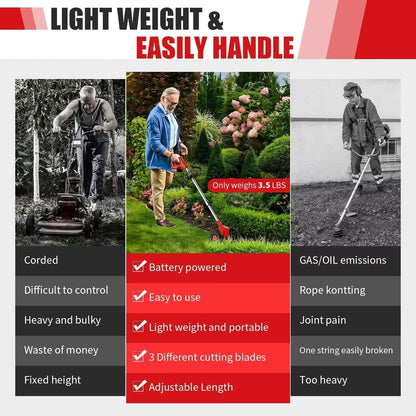 Electric Weed Eater, Electric Weed Wacker, Lawn Edger for Flower Beds, Battery Powered Grass Cutter, Brushless Battery Weed Trimmer