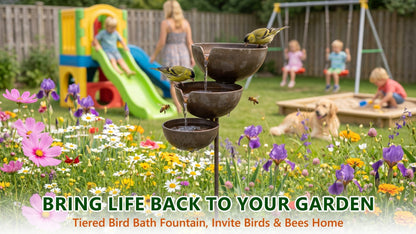 Tiered Metal Rain-Fed Bird Bath for Garden – Self-Filling Water Feature with Cascading Bowls