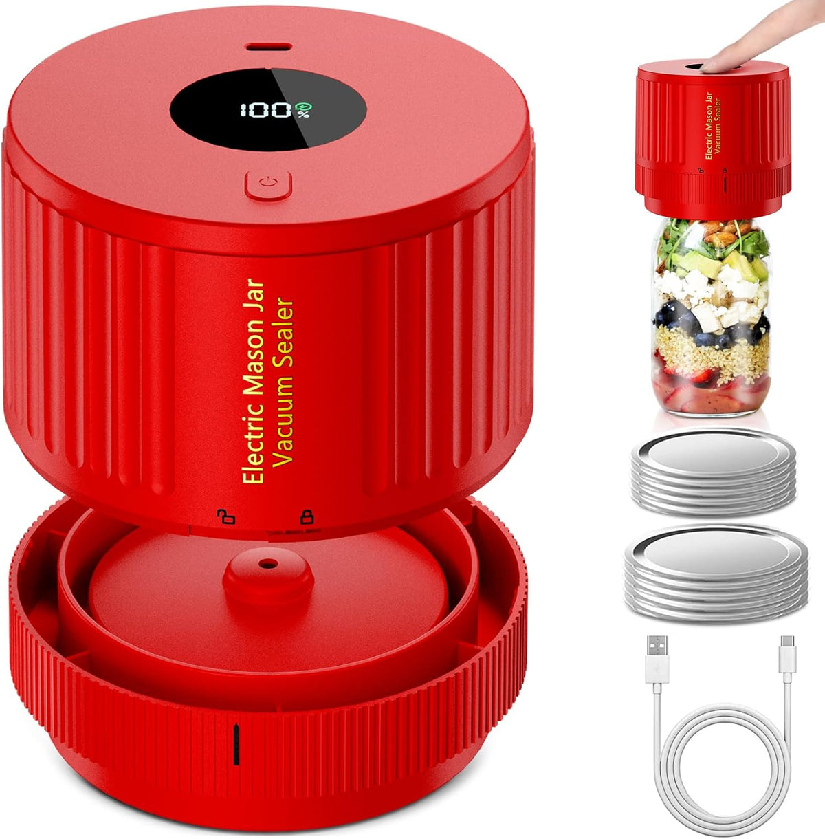 Handheld Vacuum Sealer for Mason Jars – Wide & Regular Mouth Jar Sealer for Dry Goods, Herbs & Pantry Organization – One-Touch Food Storage