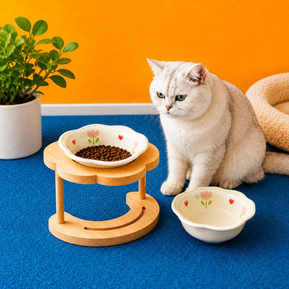 Ortekor Elevated Ceramic Pet Bowl with Wooden Stand for Cats & Small Dogs