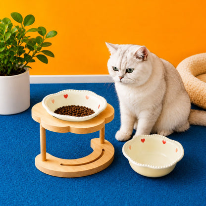 Ortekor Elevated Ceramic Pet Bowl with Wooden Stand for Cats & Small Dogs