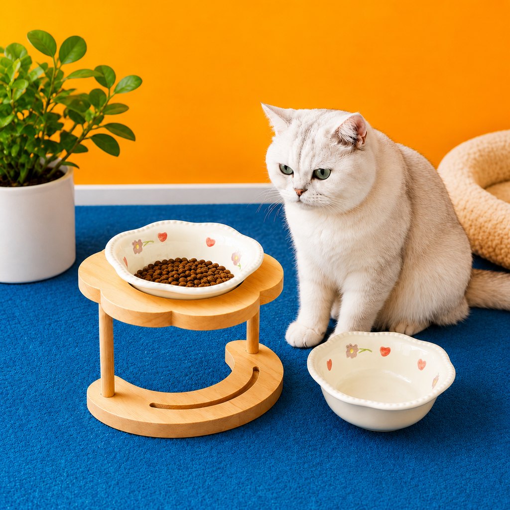 Ortekor Elevated Ceramic Pet Bowl with Wooden Stand for Cats & Small Dogs