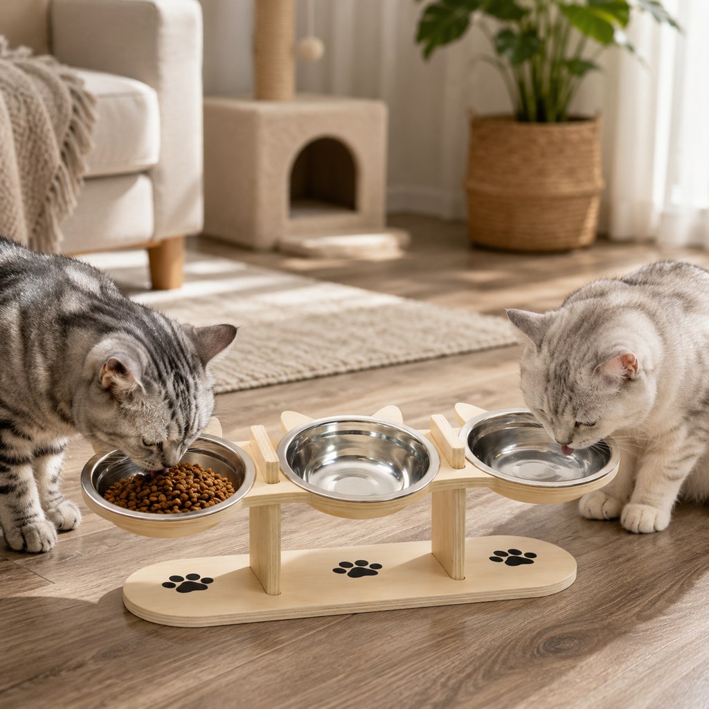 Ortekor Modern Elevated Cat Feeder with Stainless Steel Bowls - Wooden Raised Feeding Station for Cats, Food & Water Bowl Stand for Cleaner Mealtimes