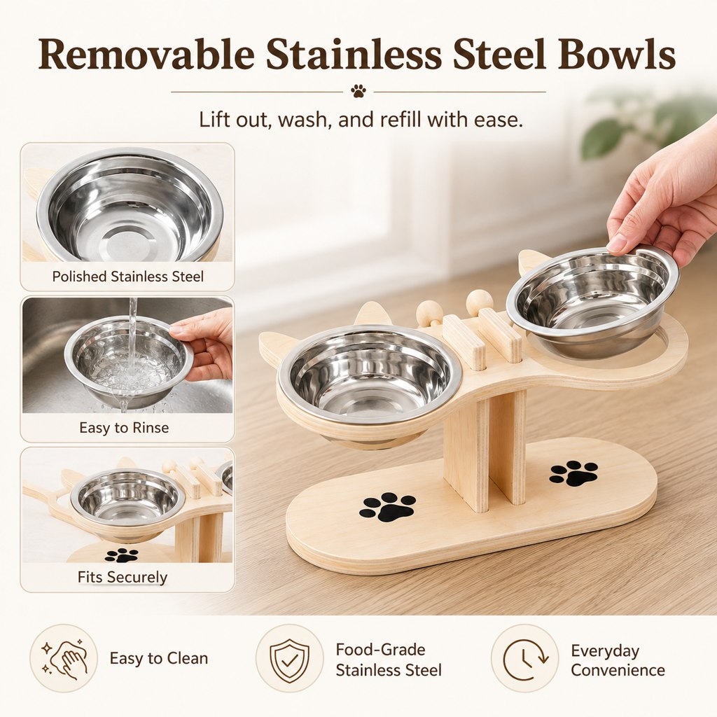 Ortekor Modern Elevated Cat Feeder with Stainless Steel Bowls - Wooden Raised Feeding Station for Cats, Food & Water Bowl Stand for Cleaner Mealtimes