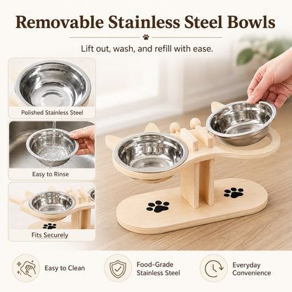 Ortekor Modern Elevated Cat Feeder with Stainless Steel Bowls - Wooden Raised Feeding Station for Cats, Food & Water Bowl Stand for Cleaner Mealtimes