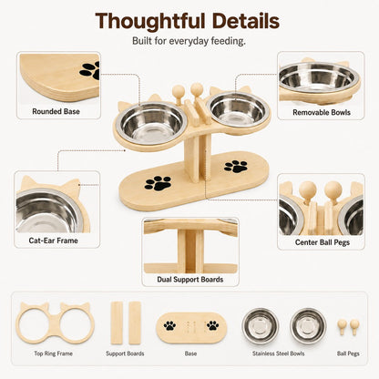 Ortekor Modern Elevated Cat Feeder with Stainless Steel Bowls - Wooden Raised Feeding Station for Cats, Food & Water Bowl Stand for Cleaner Mealtimes