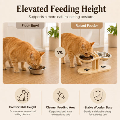 Ortekor Modern Elevated Cat Feeder with Stainless Steel Bowls - Wooden Raised Feeding Station for Cats, Food & Water Bowl Stand for Cleaner Mealtimes