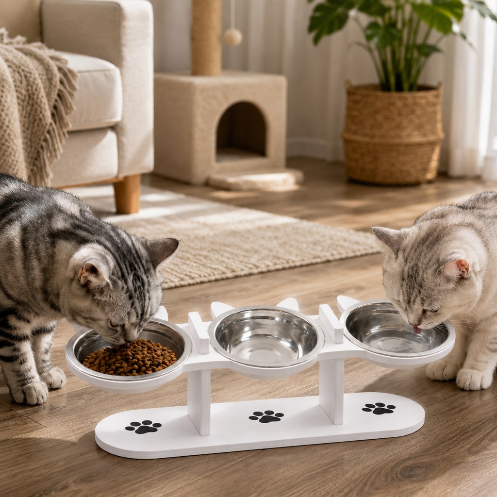 Ortekor Modern Elevated Cat Feeder with Stainless Steel Bowls - Wooden Raised Feeding Station for Cats, Food & Water Bowl Stand for Cleaner Mealtimes