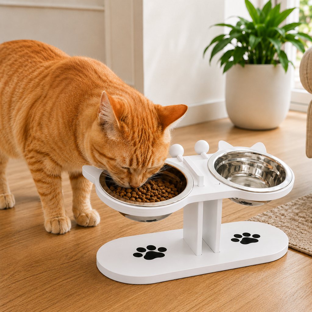 Ortekor Modern Elevated Cat Feeder with Stainless Steel Bowls - Wooden Raised Feeding Station for Cats, Food & Water Bowl Stand for Cleaner Mealtimes