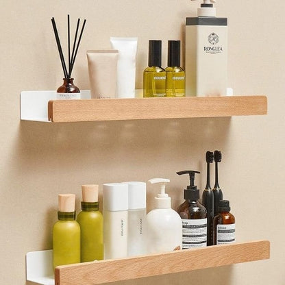 Wall-Mounted Timber Organizer Rack 19.7 in Wide No-Drill Installation for Washroom Toiletries Above Sink Storage Natural Wood Floating Ledge