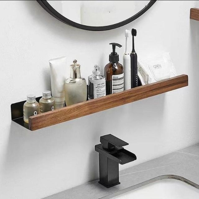 Wall-Mounted Timber Organizer Rack 19.7 in Wide No-Drill Installation for Washroom Toiletries Above Sink Storage Natural Wood Floating Ledge
