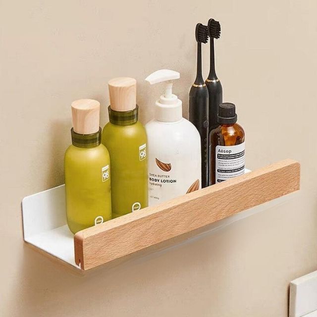 Wall-Mounted Timber Organizer Rack 19.7 in Wide No-Drill Installation for Washroom Toiletries Above Sink Storage Natural Wood Floating Ledge
