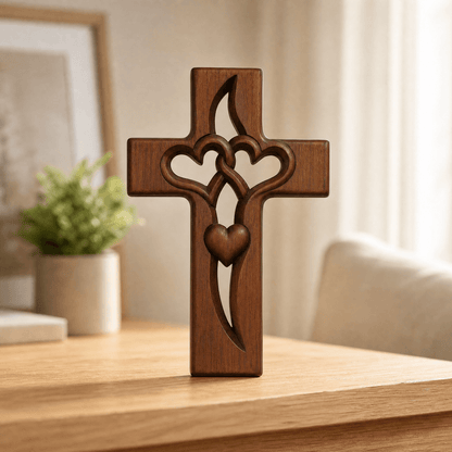 Wooden Cross Wall Art with Dual Hearts for Living Room Bedroom Entryway Faith Decor Handcrafted Religious Symbol
