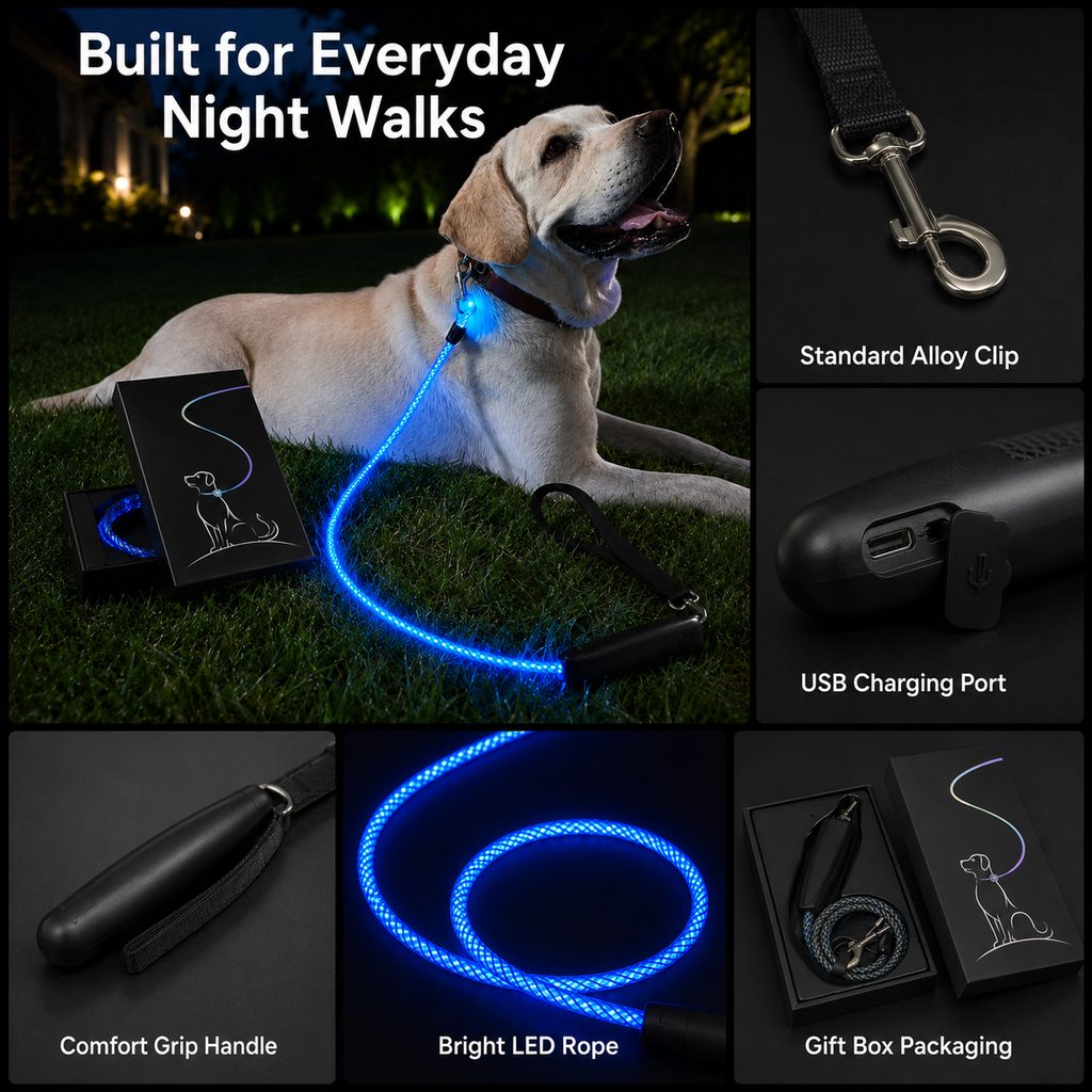 Ortekor NightGlow LED Light-Up Dog Leash for Night Walks - USB Rechargeable Safety Leash That Helps Your Dog Stay Visible in the Dark