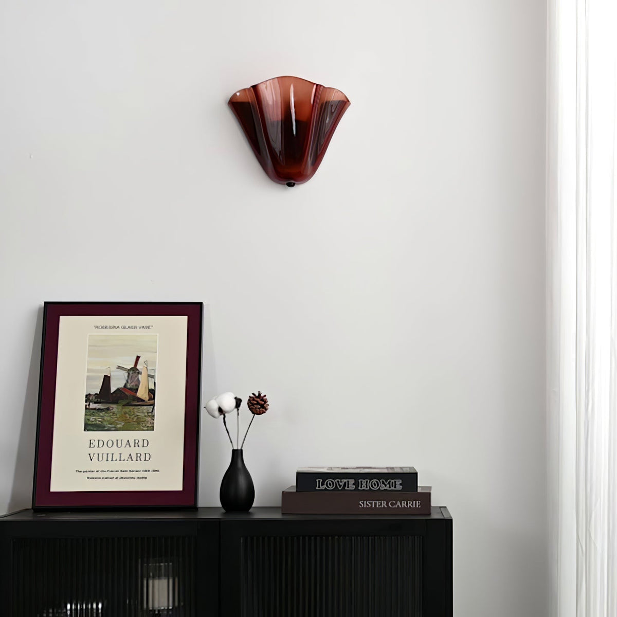 Indoor Sconce with Sculptural Glass Shade in Warm Tones – Metal Frame LED-Compatible – Wall-Mounted Accent for Bedrooms Hallways Living Spac