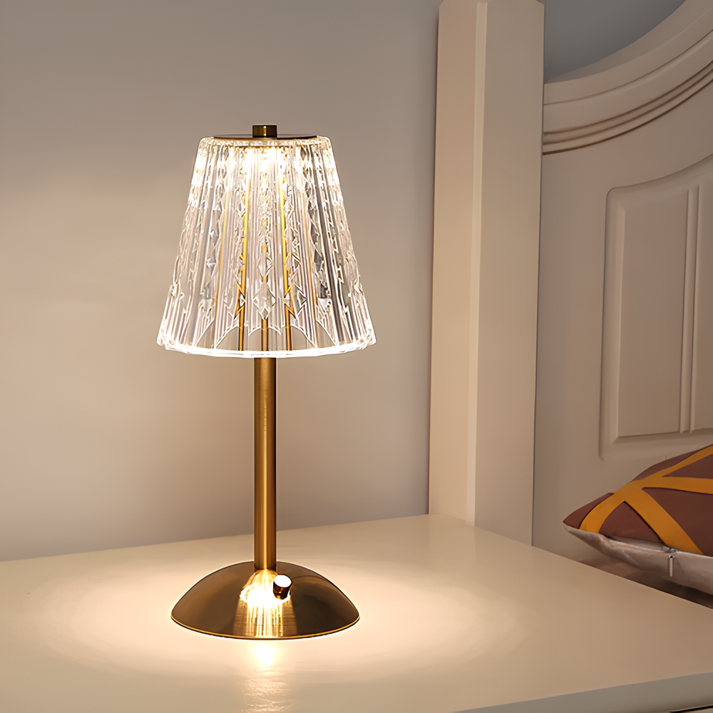 Cordless Crystal Table Lamp with Touch Dimming Control – Rechargeable LED Bedside Light with Gold Aluminum Base for Bedroom, Living Room &