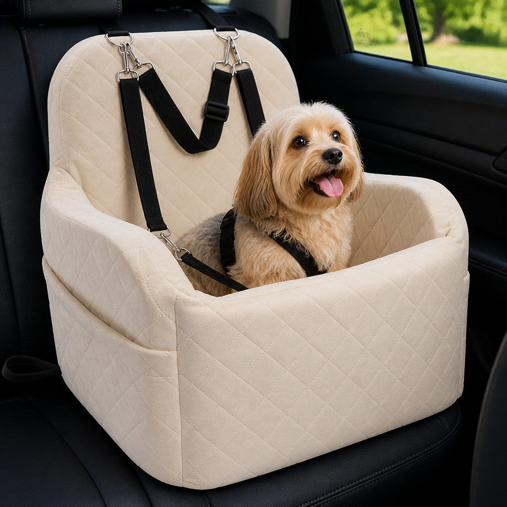 Ortekor Plush Memory Foam Dog Car Seat (3 Clip-On Safety Leashes)