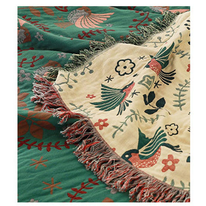 Reversible Cotton Throw Blanket with Woven Bird & Floral Pattern, Tasseled Edge for Couch, Sofa, Bed – Double-Sided Bohemian Home Accent