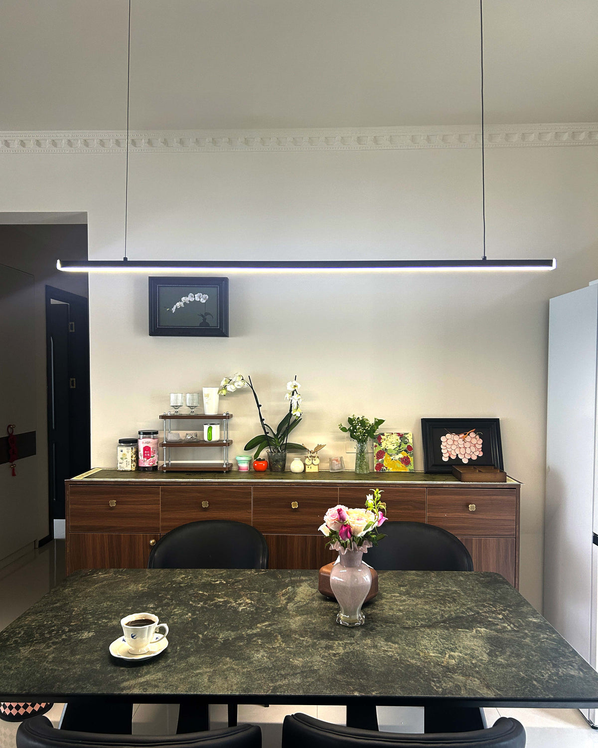 Suspended LED Strip Fixture for Countertop Islands – Dimmable Metal Bar Light with Remote in Matte or Gloss White – 39 to 102 in Adjustable