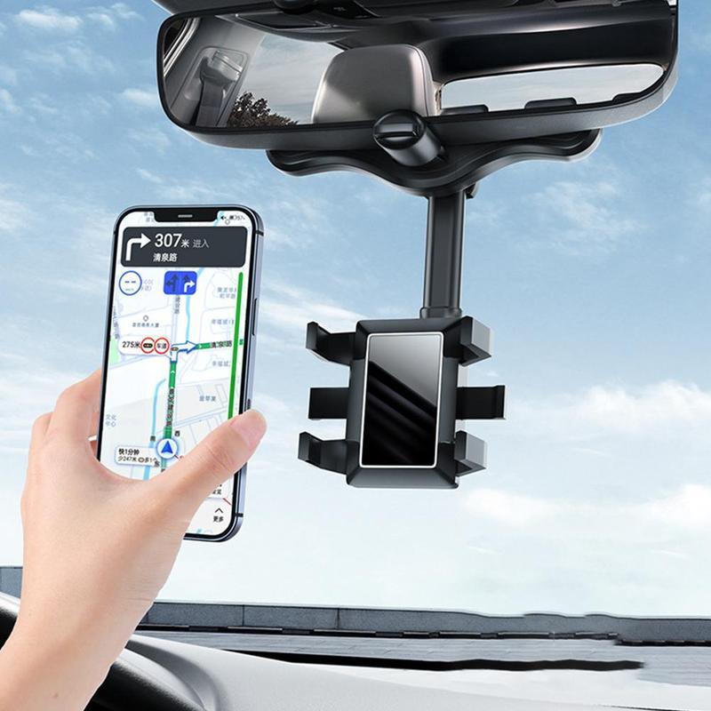 Adjustable Car Mirror Mount for Smartphones - Rotating Clip-On Device Cradle for GPS Navigation and Hands-Free Viewing While Driving