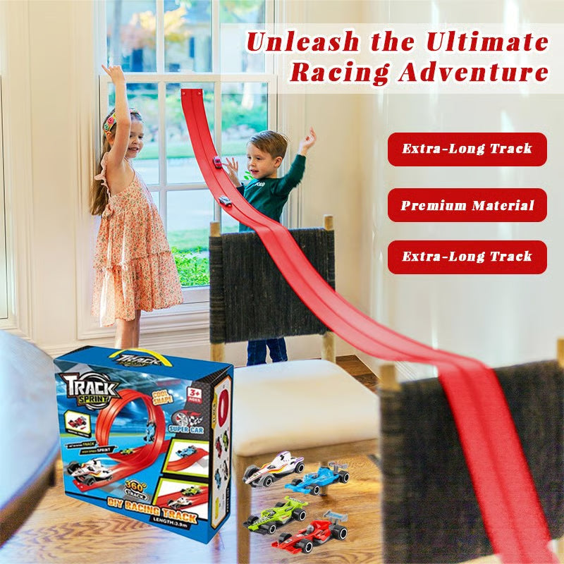 Flexible Race Track Set for Kids – Build Loops, Jumps & Custom Layouts with Suction Cups & 4 Die-Cast Cars for Creative Indoor Racing Fun