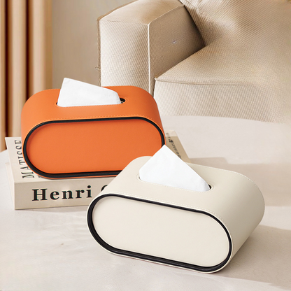 Faux Leather Tissue Dispenser Oval 9 × 5 × 4 Inches Desktop Organizer Napkin Caddy Home Office Bedroom Bathroom Tabletop Storage Accessories