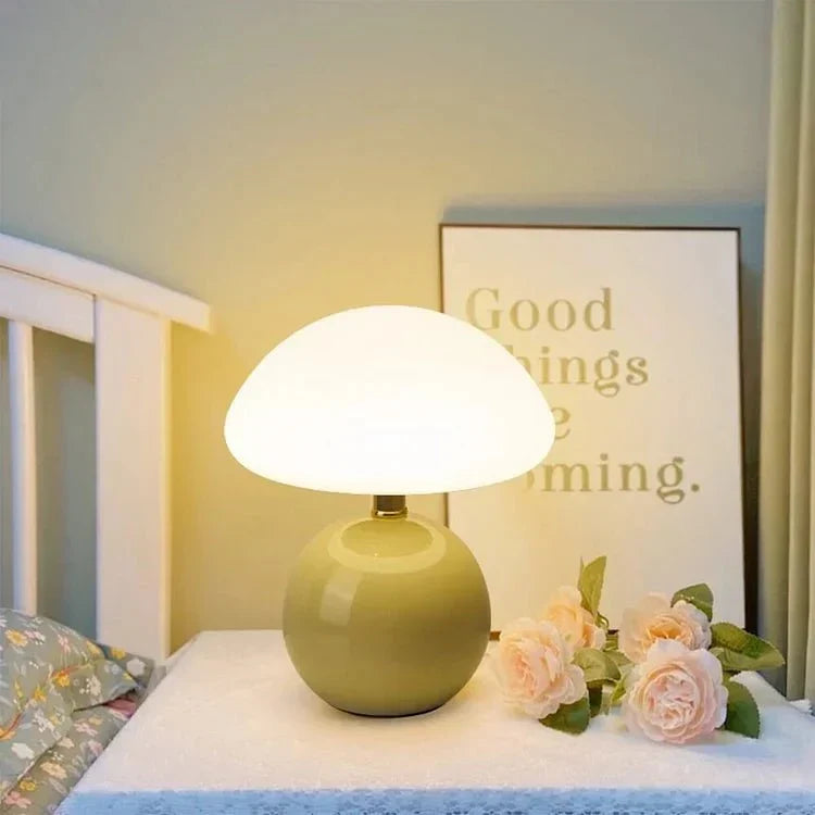Ceramic Mushroom Table Lamp with 3-Color LED Light for Bedroom, Living Room & Nursery Decor