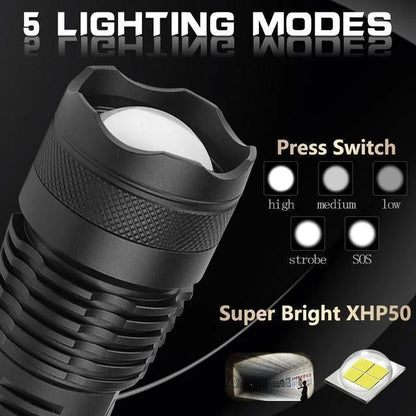 Rechargeable LED Tactical Flashlight USB Zoom Adjustable 90000 Lumen Handheld Torch for Camping Hiking Emergency