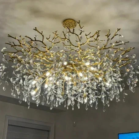 Crystal Branch Chandelier with LED Lights for Dining Room & Living Space | Modern Hanging Fixture | Adjustable Chain | Round or Rectangular