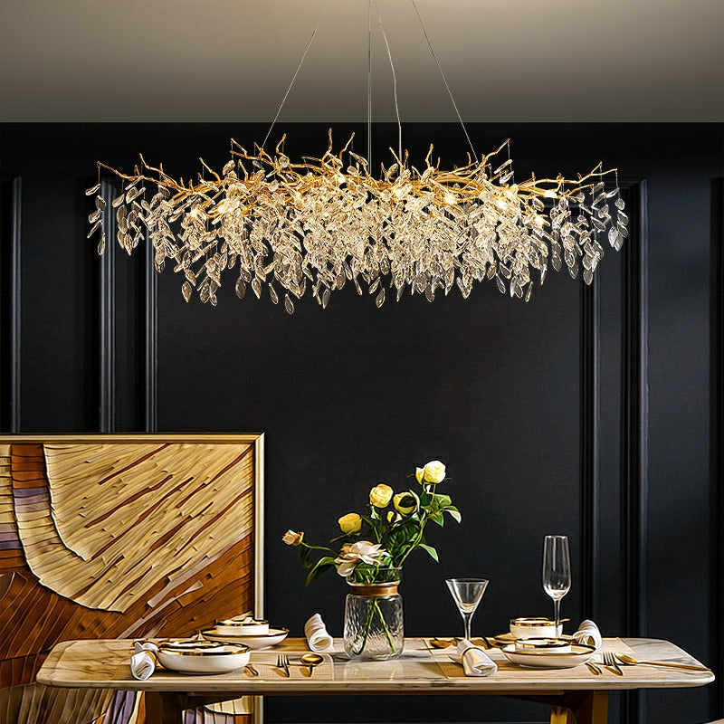 Crystal Branch Chandelier with LED Lights for Dining Room & Living Space | Modern Hanging Fixture | Adjustable Chain | Round or Rectangular