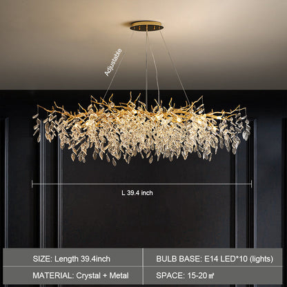 Crystal Branch Chandelier with LED Lights for Dining Room & Living Space | Modern Hanging Fixture | Adjustable Chain | Round or Rectangular