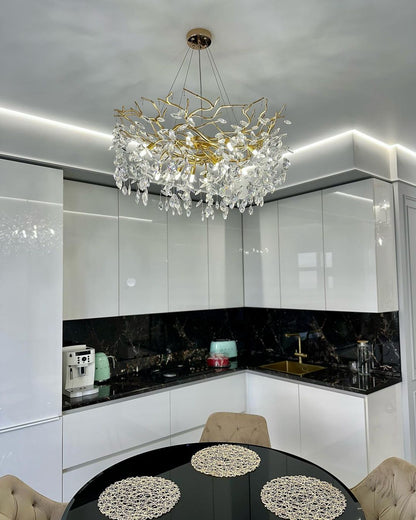 Crystal Branch Chandelier with LED Lights for Dining Room & Living Space | Modern Hanging Fixture | Adjustable Chain | Round or Rectangular