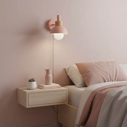 Plug-In Wall Sconce with Wood Accent 6×7 Inches E26 LED Fixture for Bedroom Hallway Living Room Indoor Decorative Lighting Compact Modern Wa