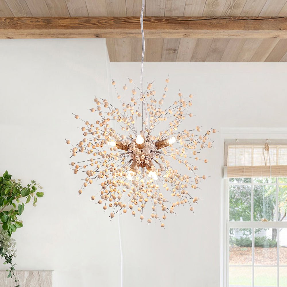 Dandelion Burst Pendant Light with Wooden Beads | Starburst Chandelier for Dining Room & Living Room | Adjustable Height Ceiling Light