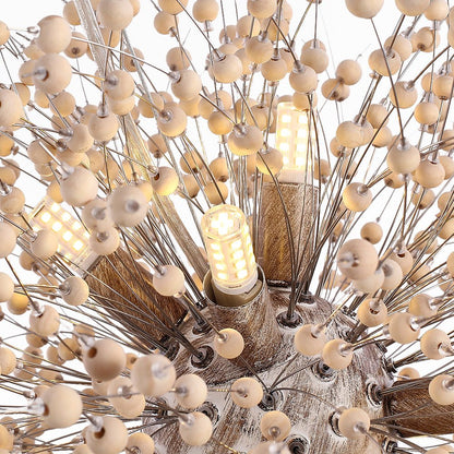 Dandelion Burst Pendant Light with Wooden Beads | Starburst Chandelier for Dining Room & Living Room | Adjustable Height Ceiling Light