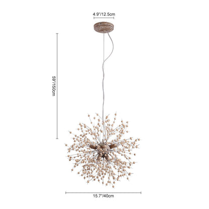 Dandelion Burst Pendant Light with Wooden Beads | Starburst Chandelier for Dining Room & Living Room | Adjustable Height Ceiling Light