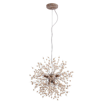 Dandelion Burst Pendant Light with Wooden Beads | Starburst Chandelier for Dining Room & Living Room | Adjustable Height Ceiling Light