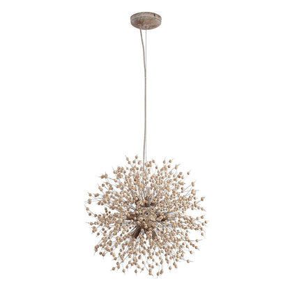 Dandelion Burst Pendant Light with Wooden Beads | Starburst Chandelier for Dining Room & Living Room | Adjustable Height Ceiling Light