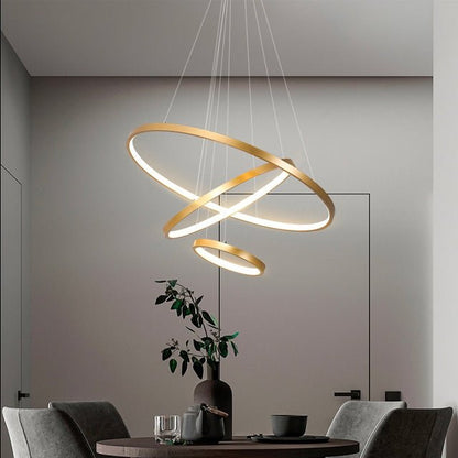 Triple-Ring LED Chandelier – Adjustable Dimmable Modern Ceiling Light – Black, Gold, White – 24x16x8 Inch Rings – Contemporary Hanging