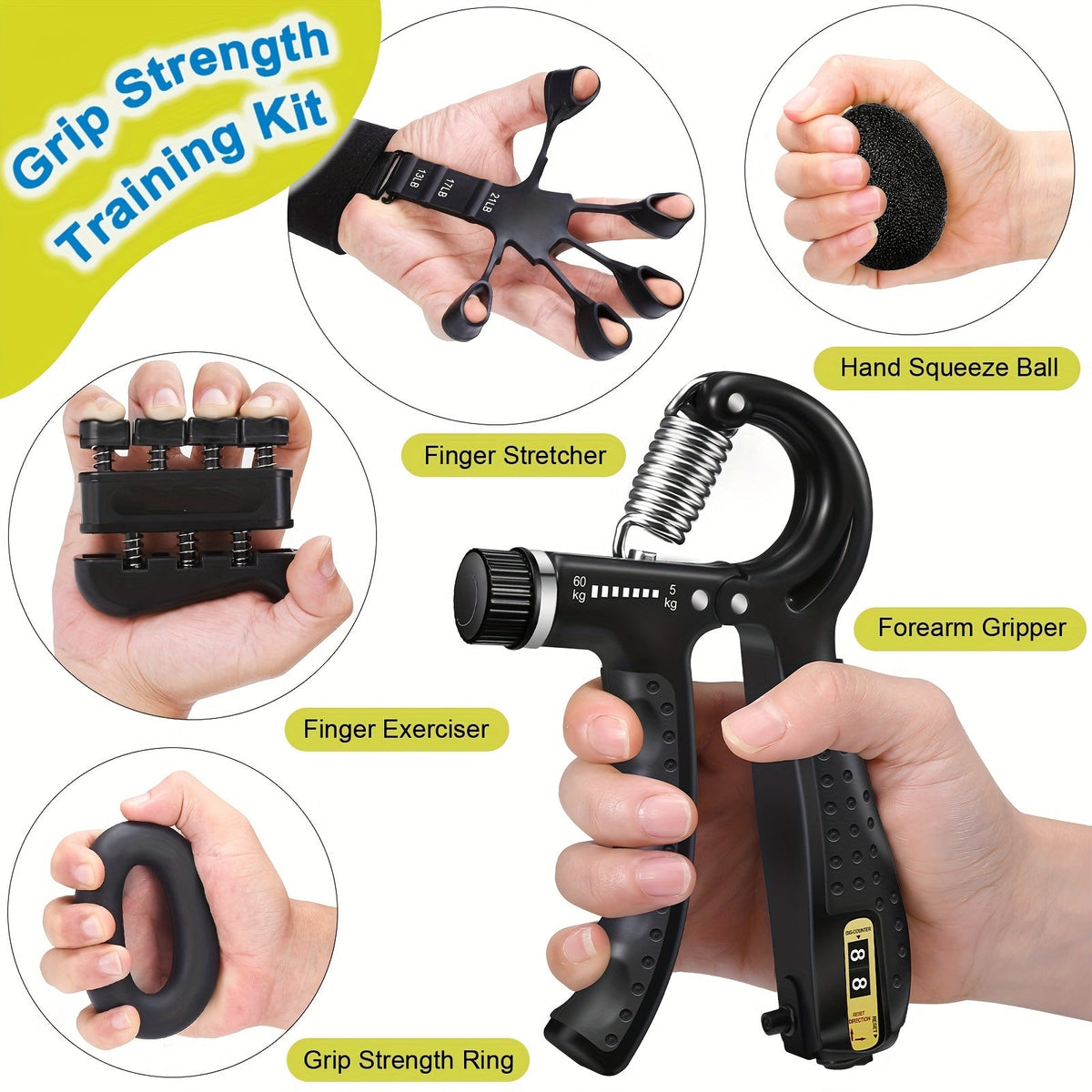 Hand Grip Strengthener Kit 5-Piece Training Set for Fingers Forearms Wrists Rehabilitation Therapy Workout Tools Musicians Athletes